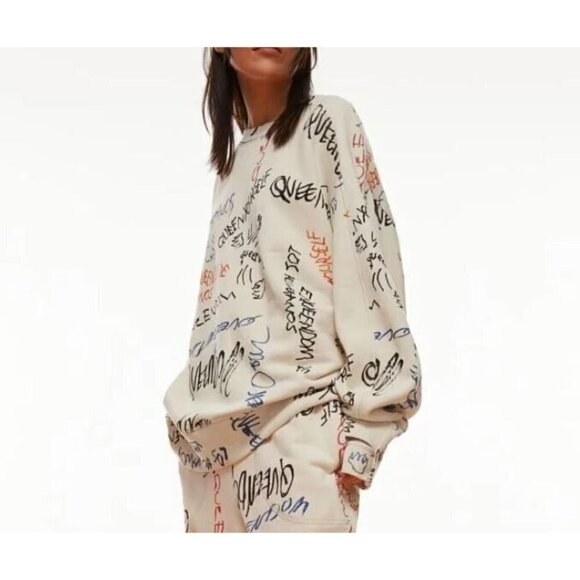 H and M Studio Sweatshirt Womens Large Ivory Graffiti Oversized Streetwear - Picture 1 of 9